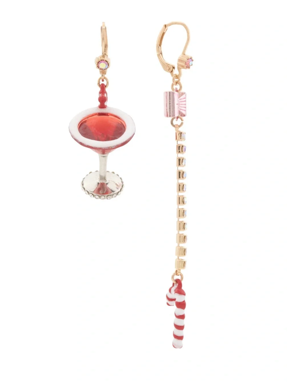 Betsey Johnson Peppermint Martini Christmas Mismatched Dangle Drop Earrings